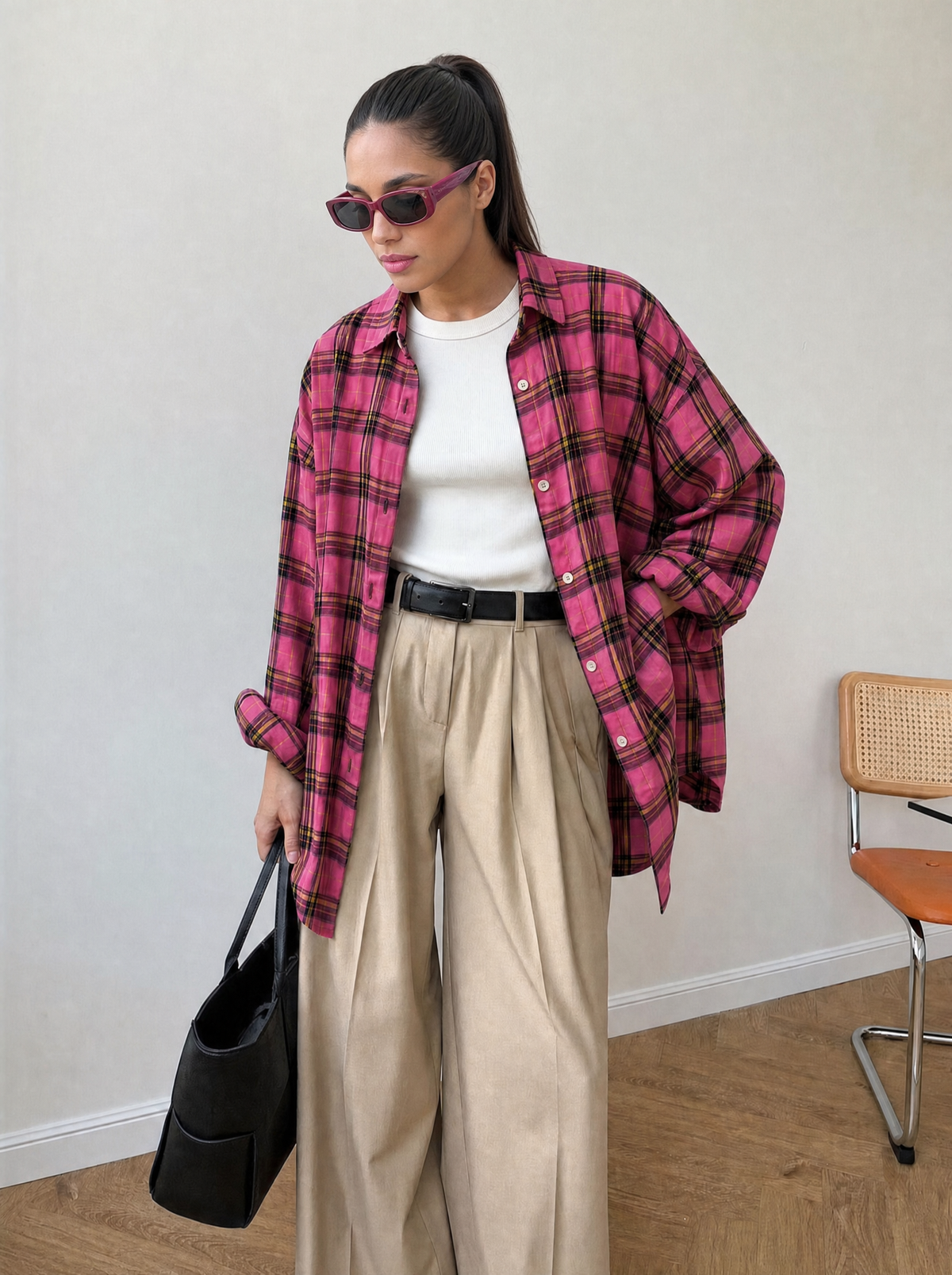 Camicia Oversize Tartan Rosa Fucsia