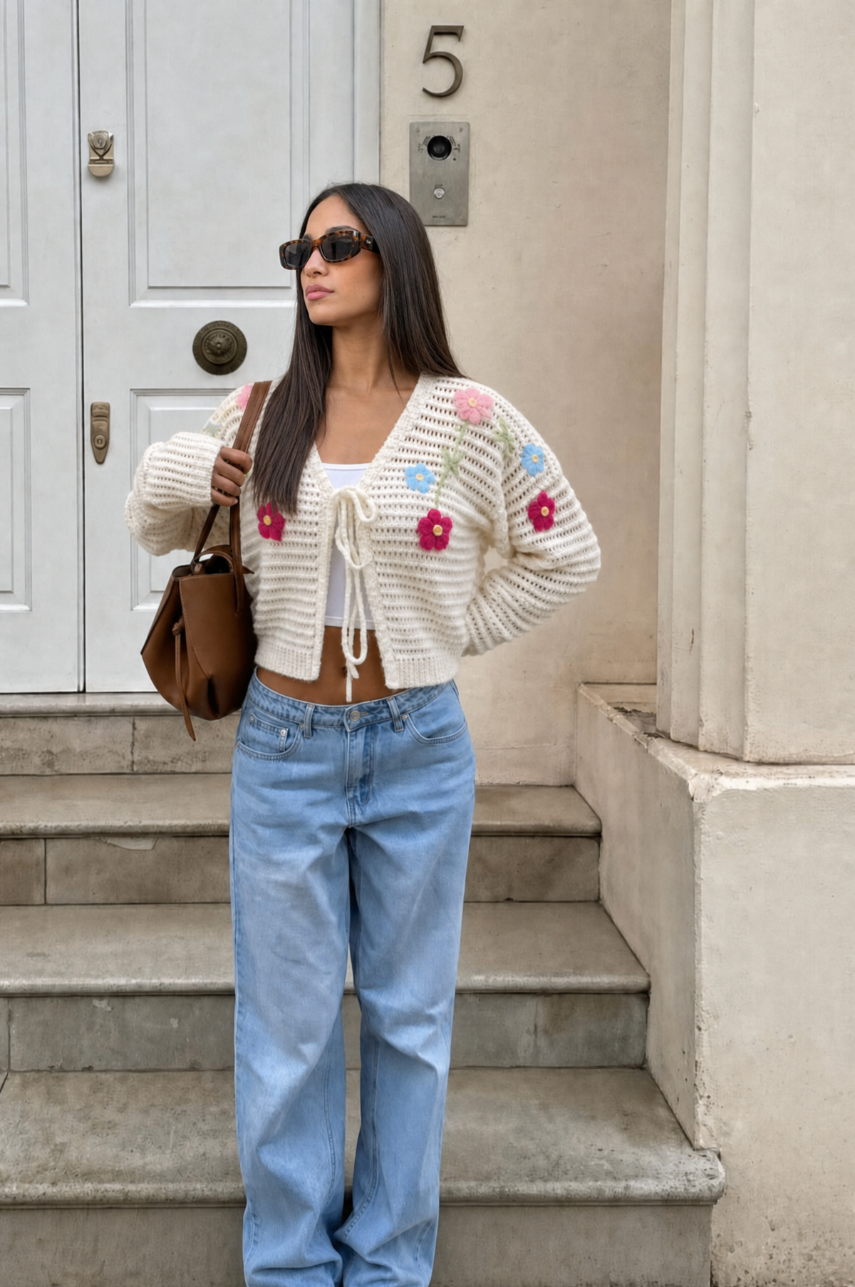 Cardigan Panna con Fiori e Laccetti