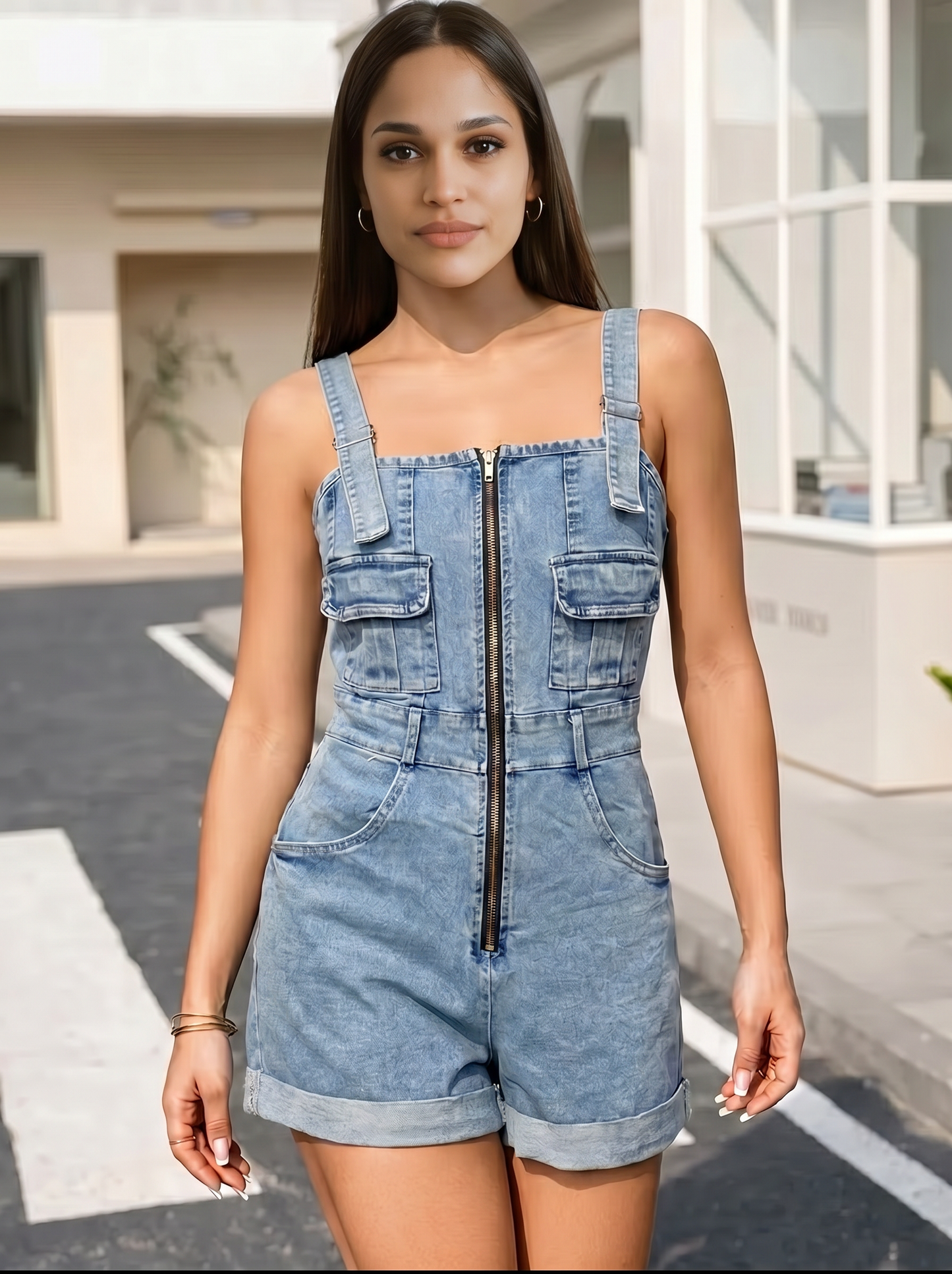 Tutina corta denim con zip
