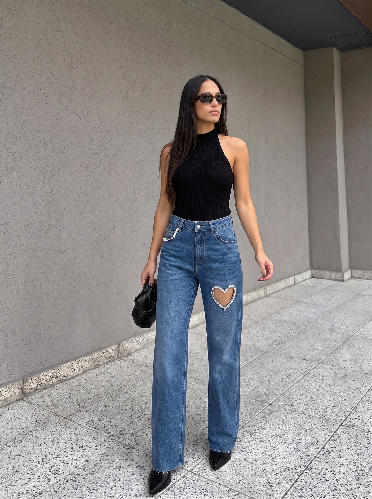 Jeans Straight Dettaglio Cuore Strass