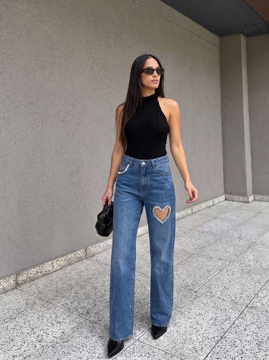 Jeans Straight Dettaglio Cuore Strass