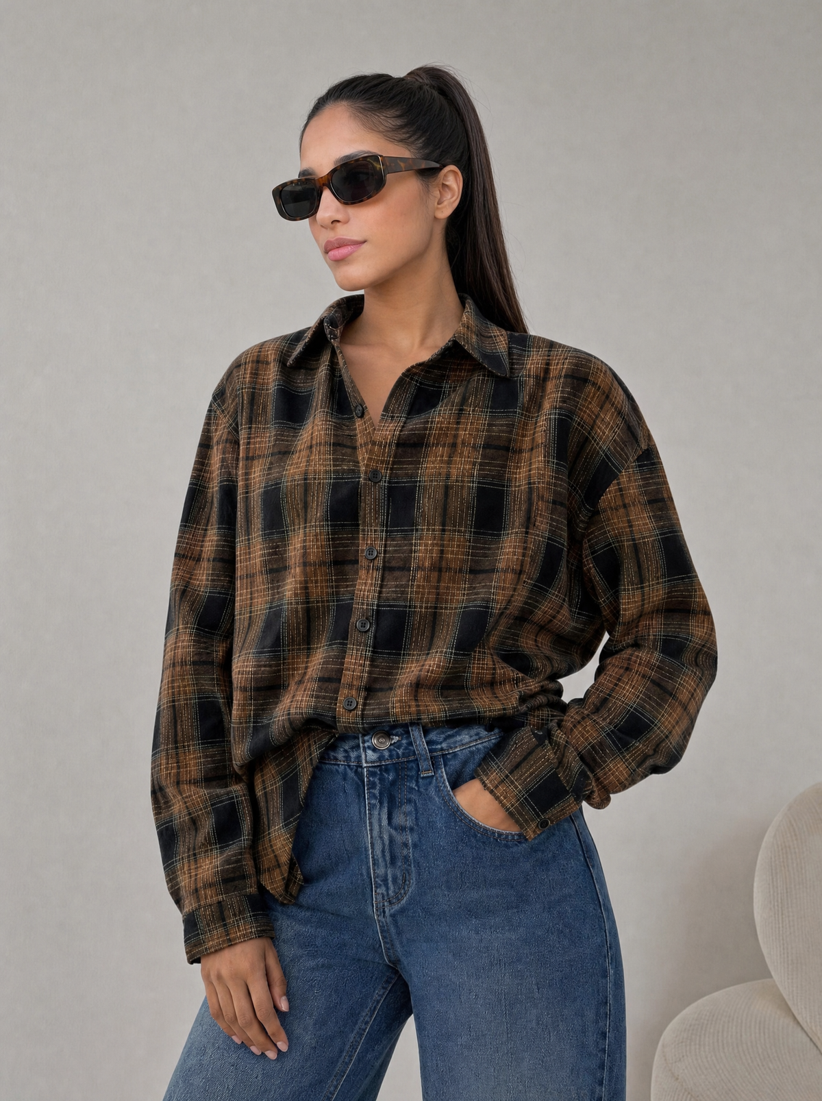 Camicia Oversize Tartan Marrone