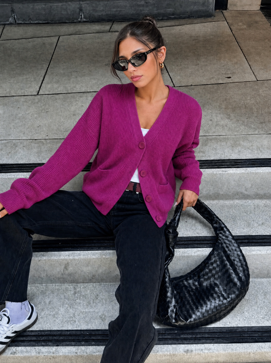 Cardigan in Maglia a Coste con Tasche